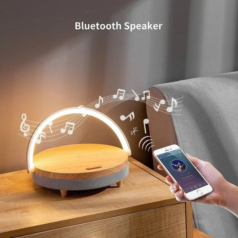 Multifunctional Wooden Table Lamp with Bluetooth Speaker & Wireless Charger