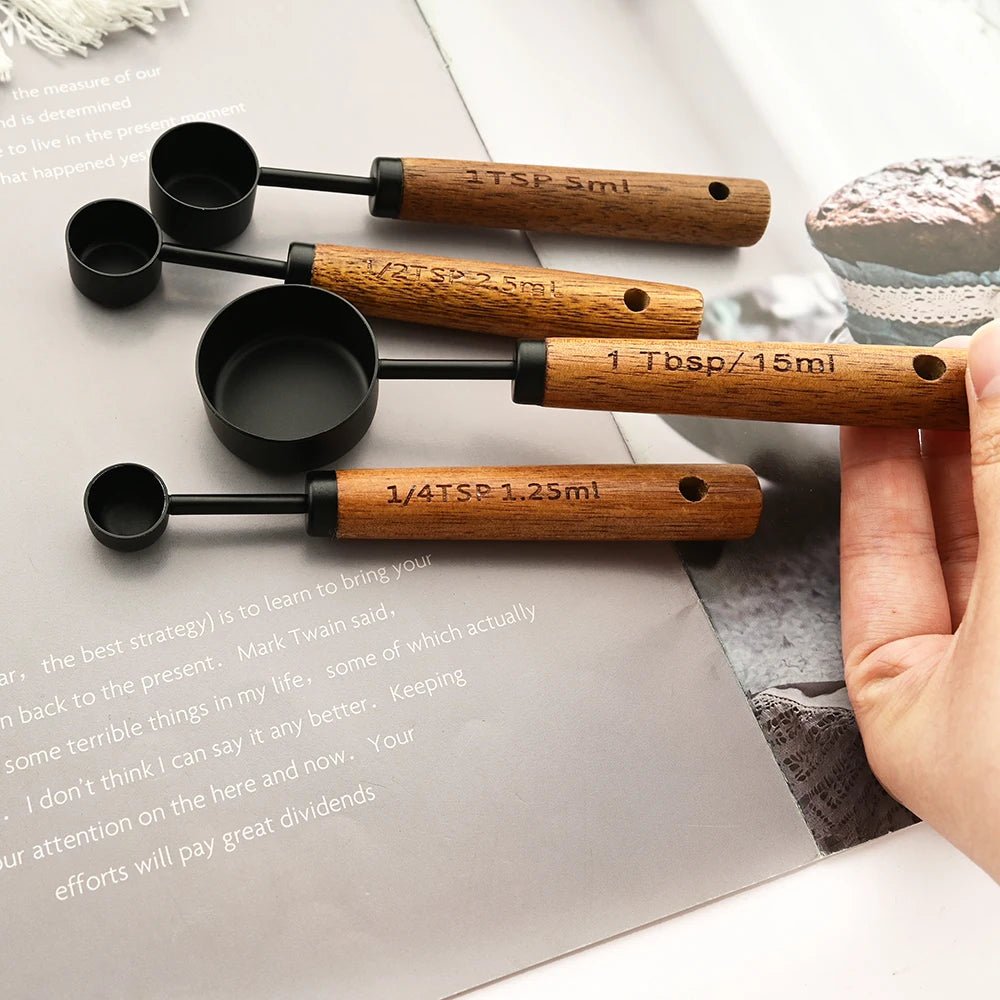 Walnut Wooden Measuring Set with Black Stainless Steel (8 Piece Set)