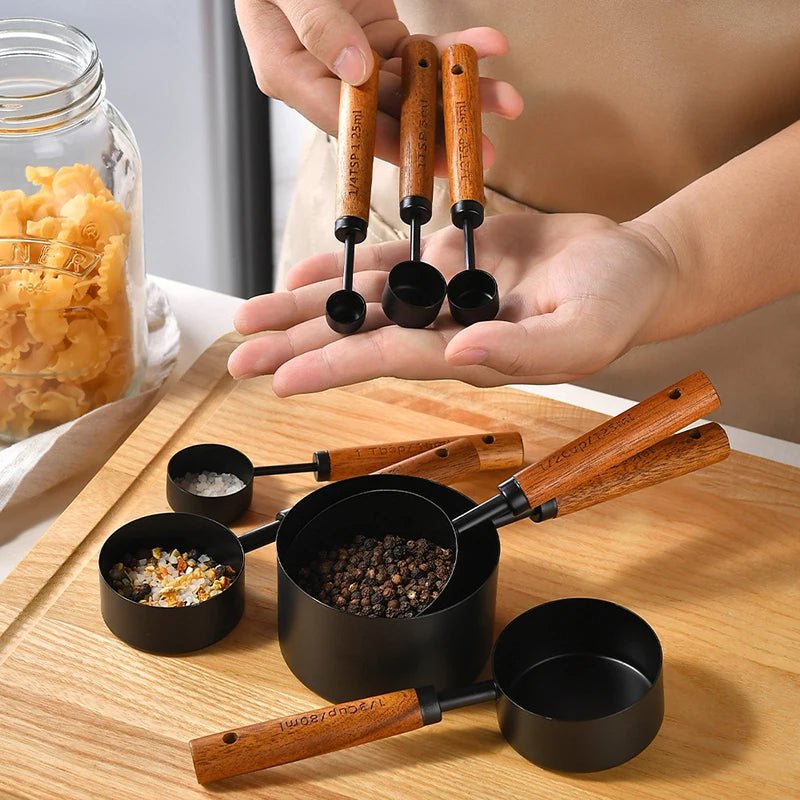 Walnut Wooden Measuring Set with Black Stainless Steel (8 Piece Set)