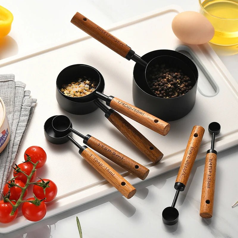 Walnut Wooden Measuring Set with Black Stainless Steel (8 Piece Set)