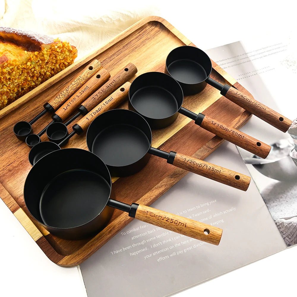 Walnut Wooden Measuring Set with Black Stainless Steel (8 Piece Set)