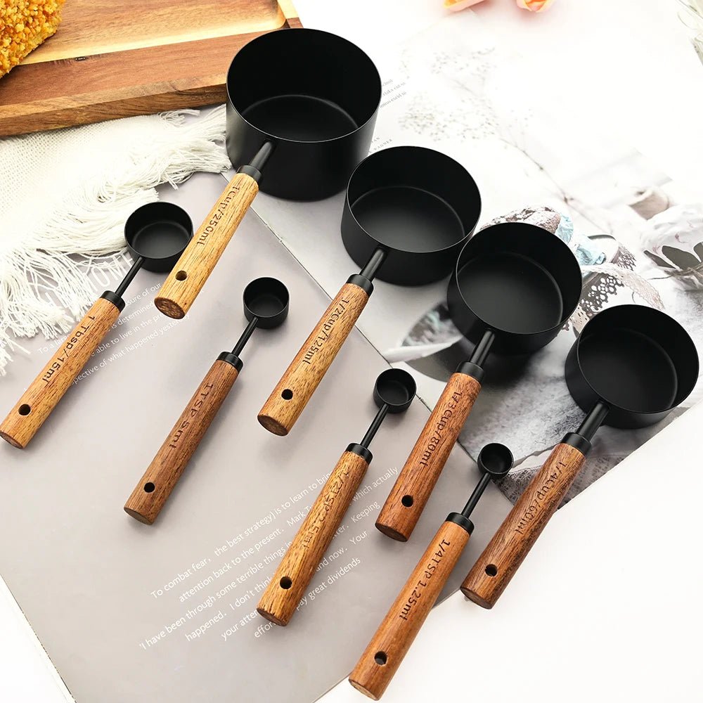 Walnut Wooden Measuring Set with Black Stainless Steel (8 Piece Set)