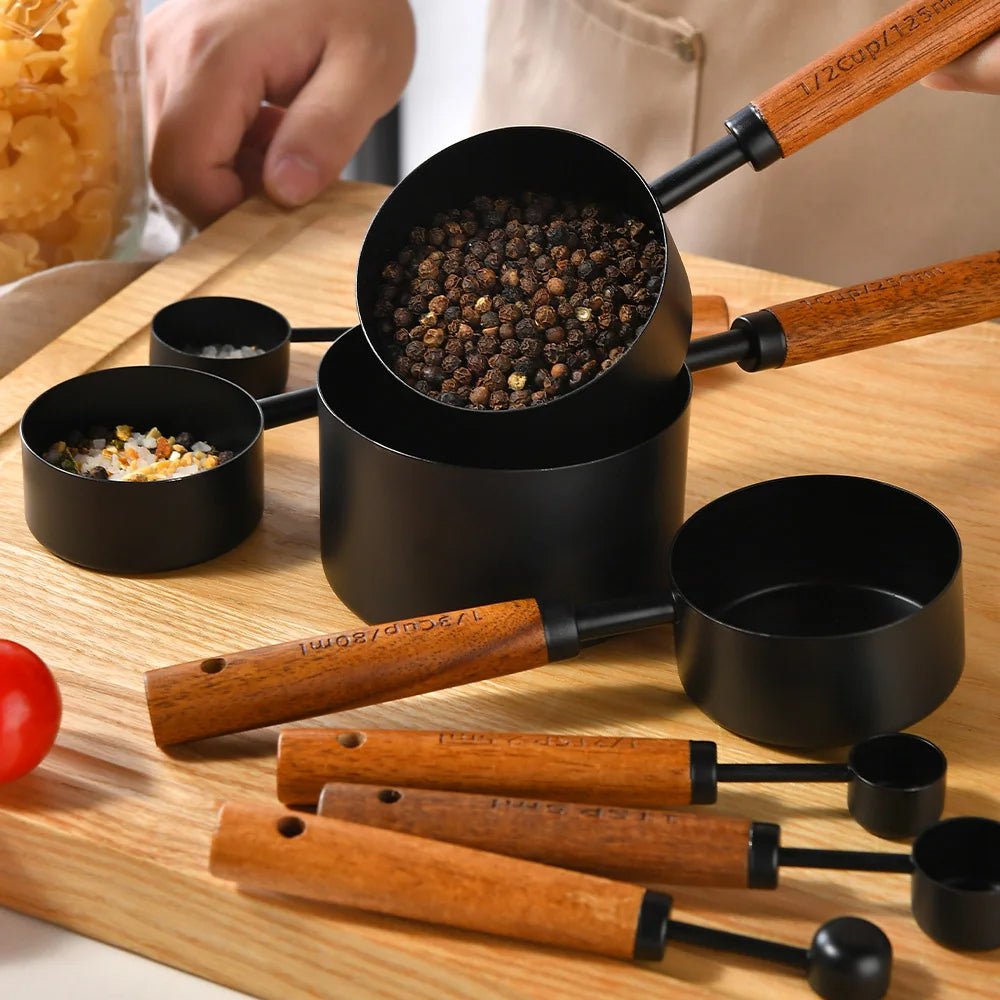Walnut Wooden Measuring Set with Black Stainless Steel (8 Piece Set)