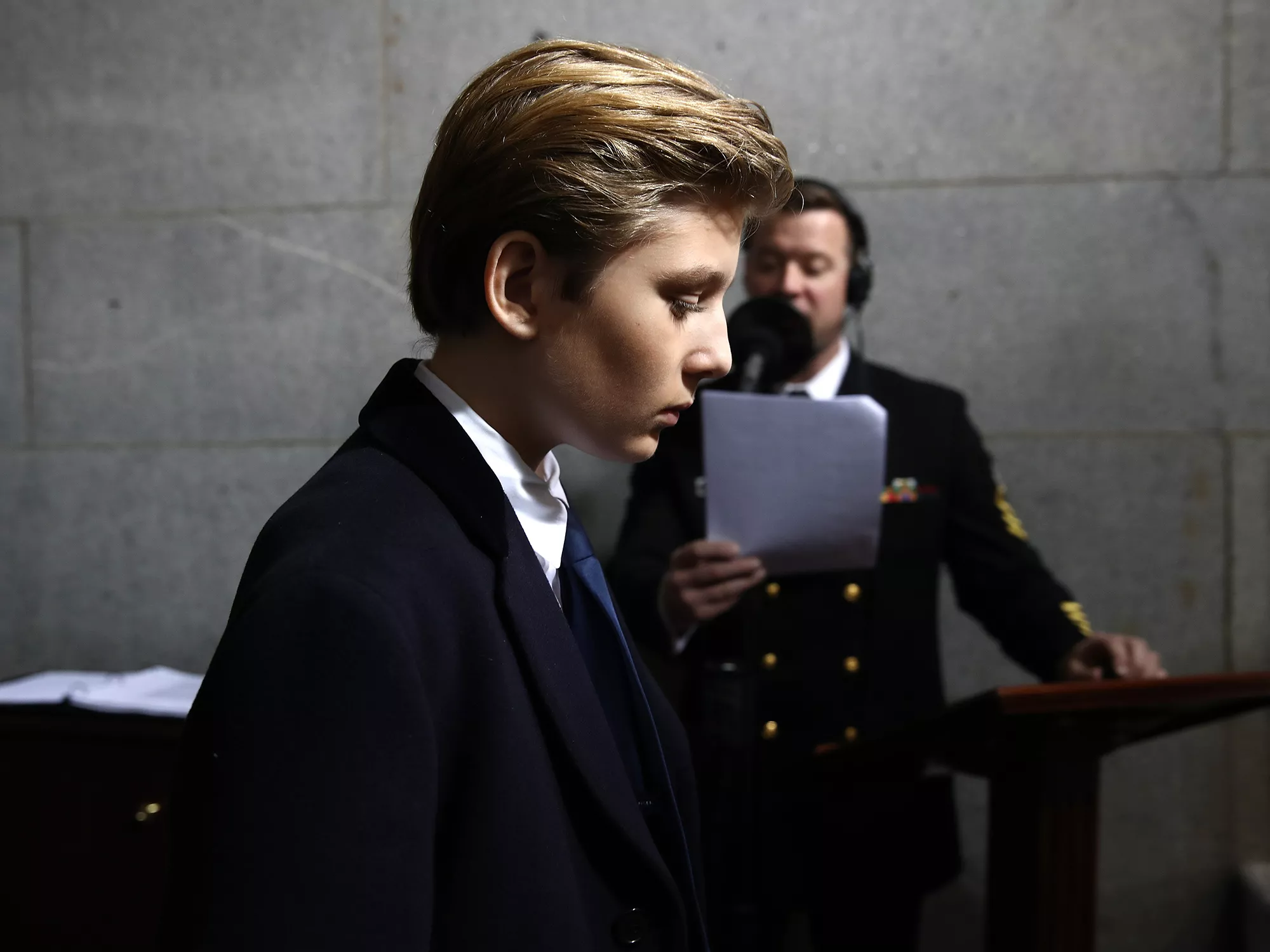 Barron Trump arrives on the West Front of the US Capitol on January 20, 2017